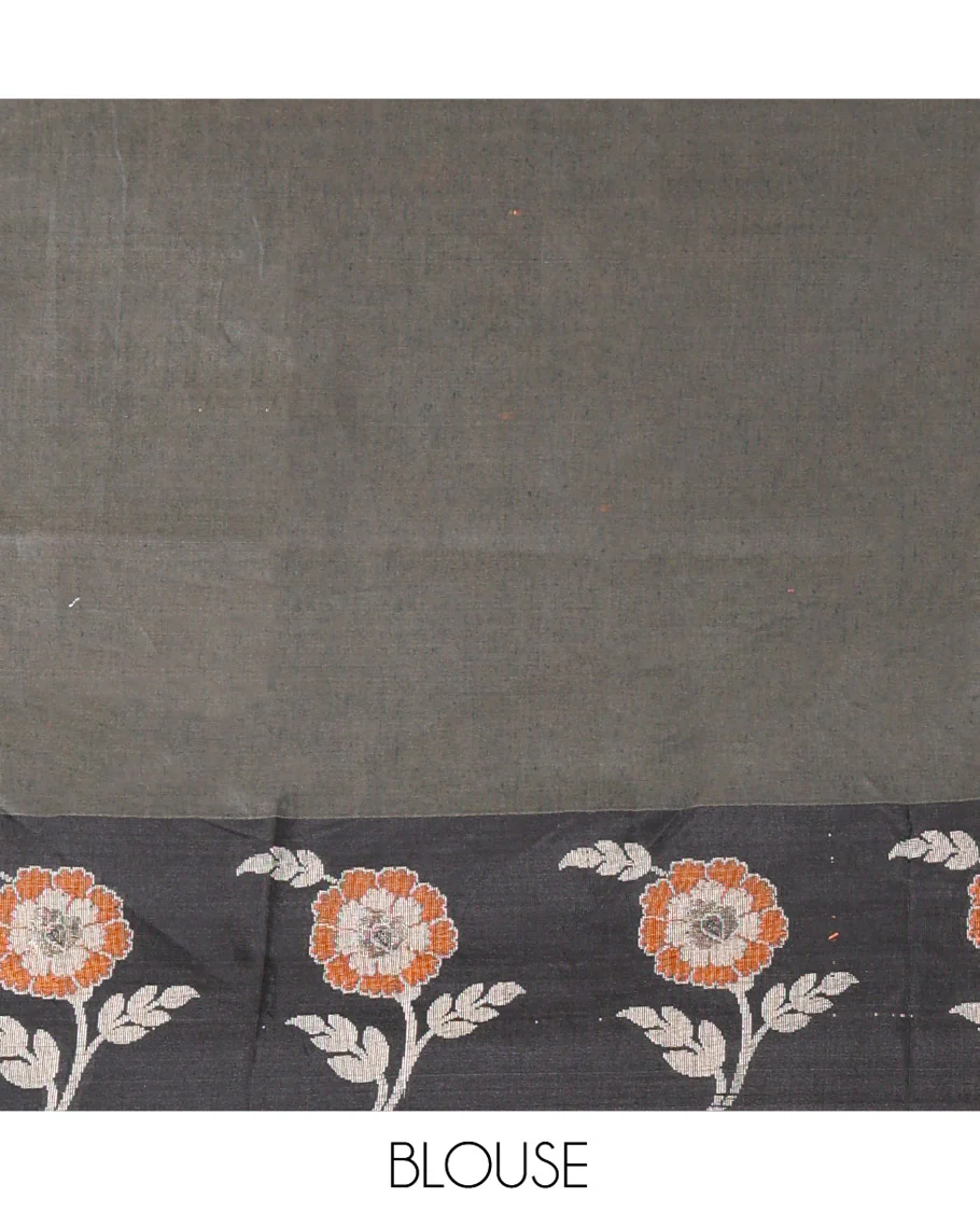 Elephant Grey Chanderi Cotton Saree, Adorned with Floral Designs on Its Body, Complemented by a Contrast Border of Floral Designs, Pallu of Stripes, and Paired with a Matching Blouse - Image 3