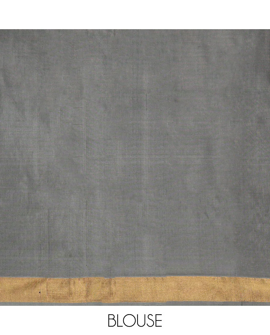 Elephant Grey Uppada Silk Saree, Steeped with Meena Buttas and Floral-Bird Meena Design All Over Its Body, Subtle Bavanji Border, Pallu of Meena Floral Designs, and Paired with a Matching Blouse - Image 6