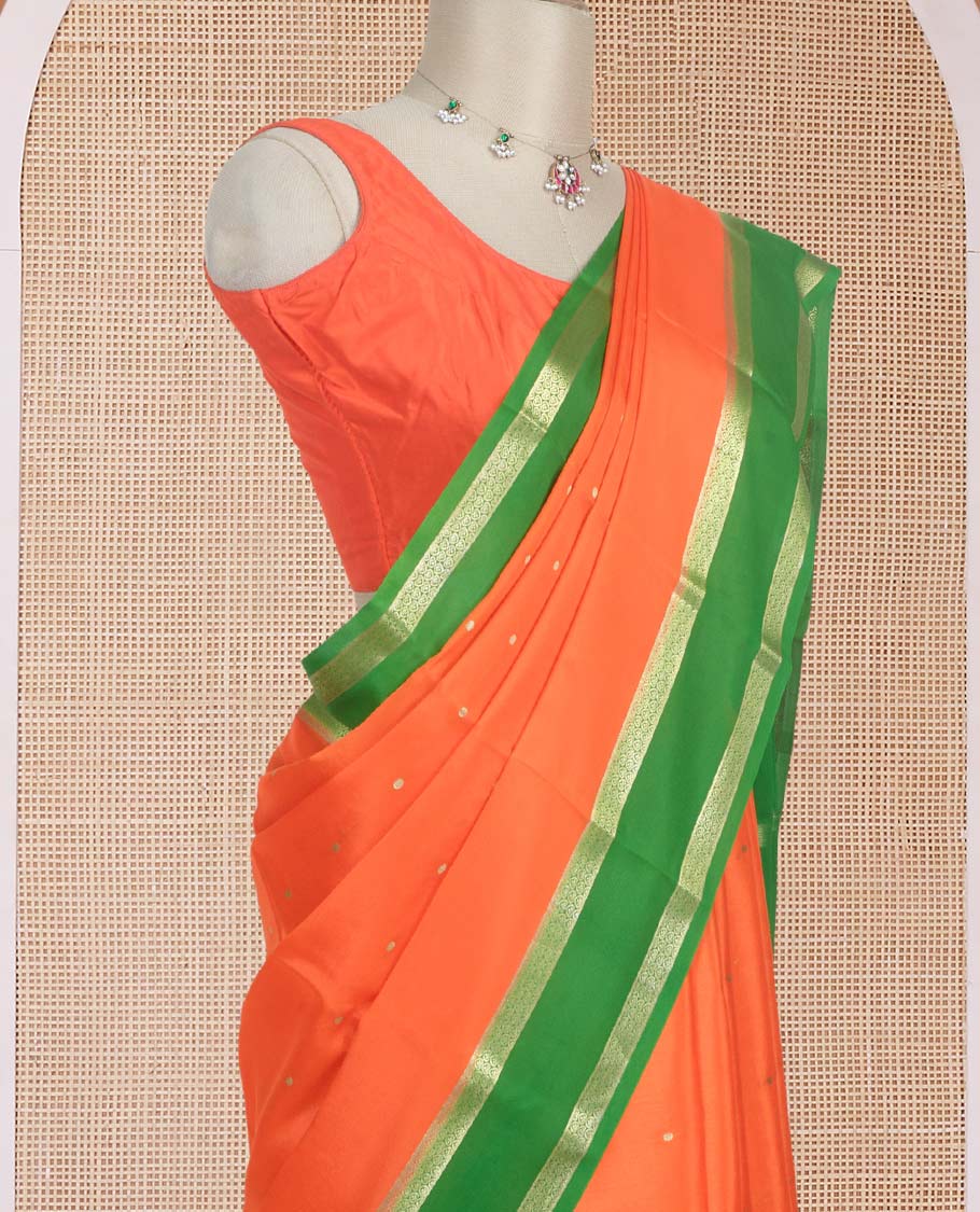 Fanta orange zari buttas woven mysore silk saree, contrast rettai pettu traditional zari border, and zari seer striped pallu - Image 3