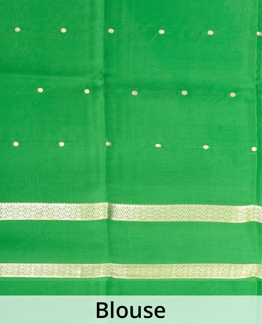Fanta orange zari buttas woven mysore silk saree, contrast rettai pettu traditional zari border, and zari seer striped pallu - Image 5