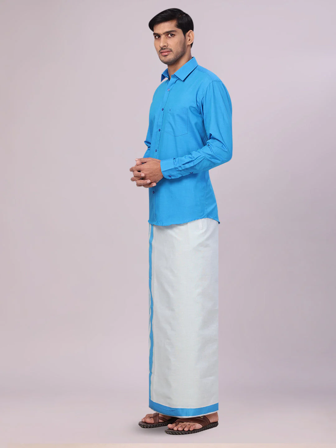 Father & Son Blue Color Cotton Shirt with Matching Border Tissue Dhoti Combo - Image 4