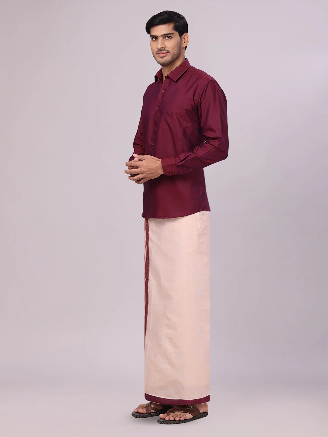 Father & Son Maroon Color Cotton Shirt & Matching Border Tissue Dhoti Combo - Image 4