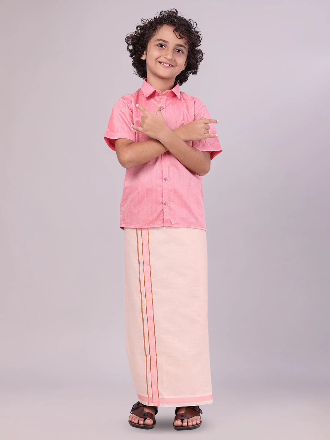 Father & Son Pink Colour Cotton Shirt with Matching Border Tissue Dhoti Combo - Image 3
