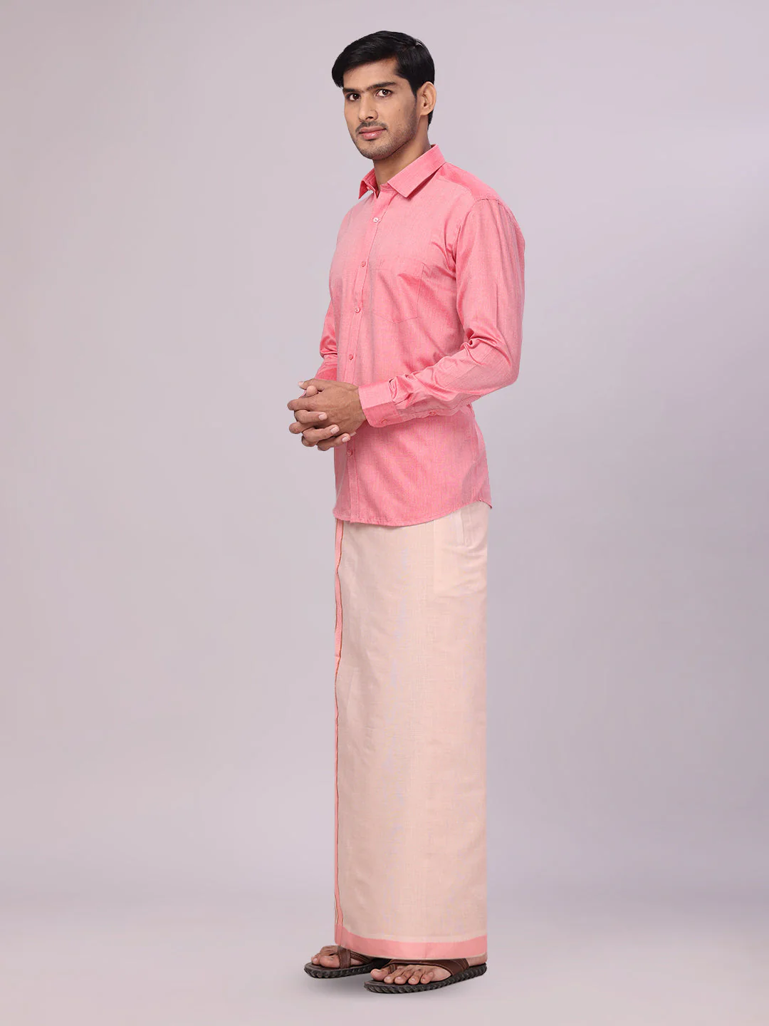 Father & Son Pink Colour Cotton Shirt with Matching Border Tissue Dhoti Combo - Image 4
