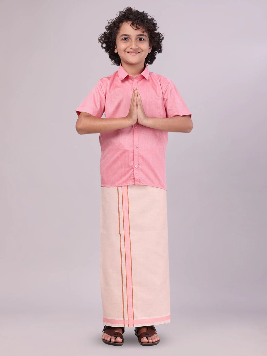 Father & Son Pink Colour Cotton Shirt with Matching Border Tissue Dhoti Combo - Image 5