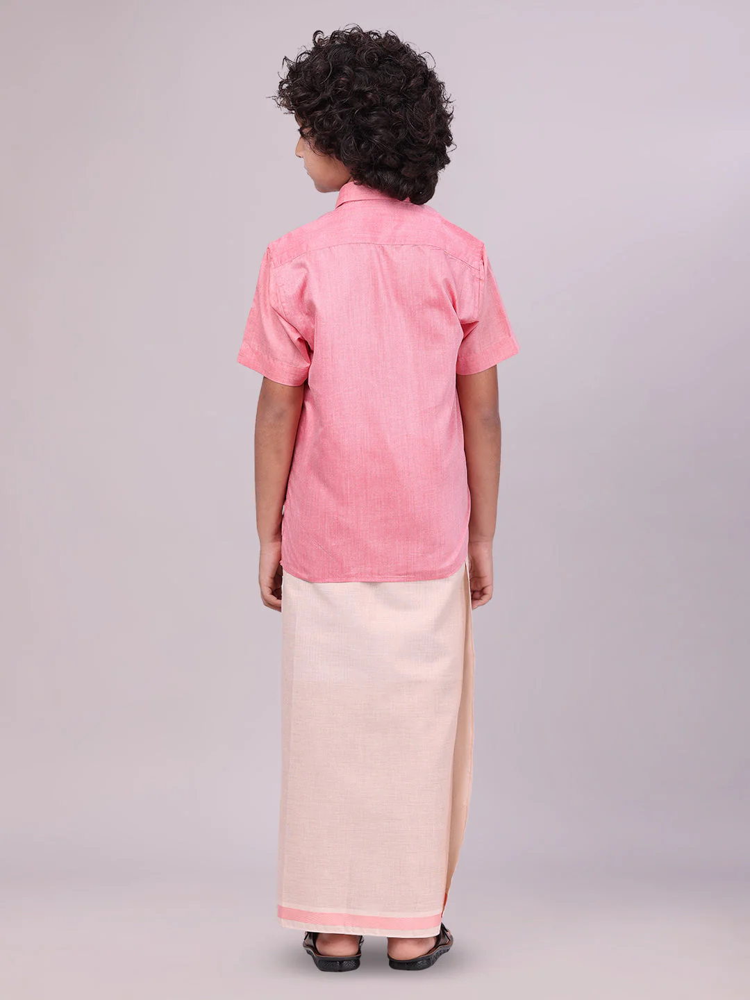 Father & Son Pink Colour Cotton Shirt with Matching Border Tissue Dhoti Combo - Image 6
