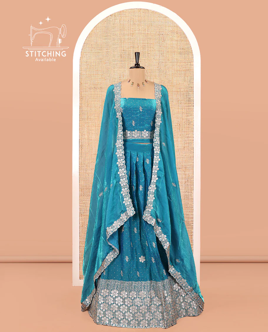 Firozi Blue Fendi Organza Half-Saree Set, Features Floral Embroidered Skirt, Matching Blouse, Embroidered Dupatta - Image 2