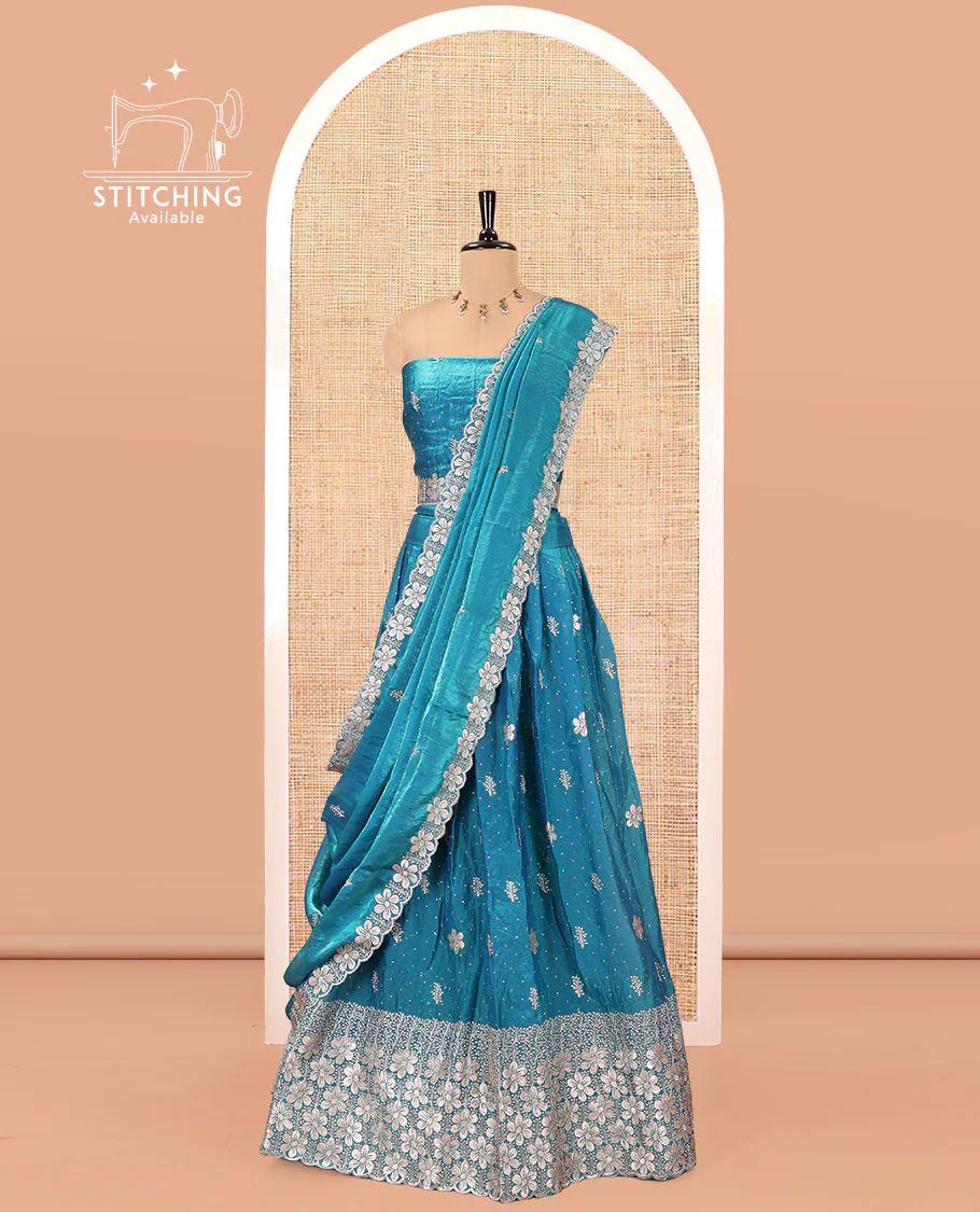 Firozi Blue Fendi Organza Half-Saree Set, Features Floral Embroidered Skirt, Matching Blouse, Embroidered Dupatta - Image 3