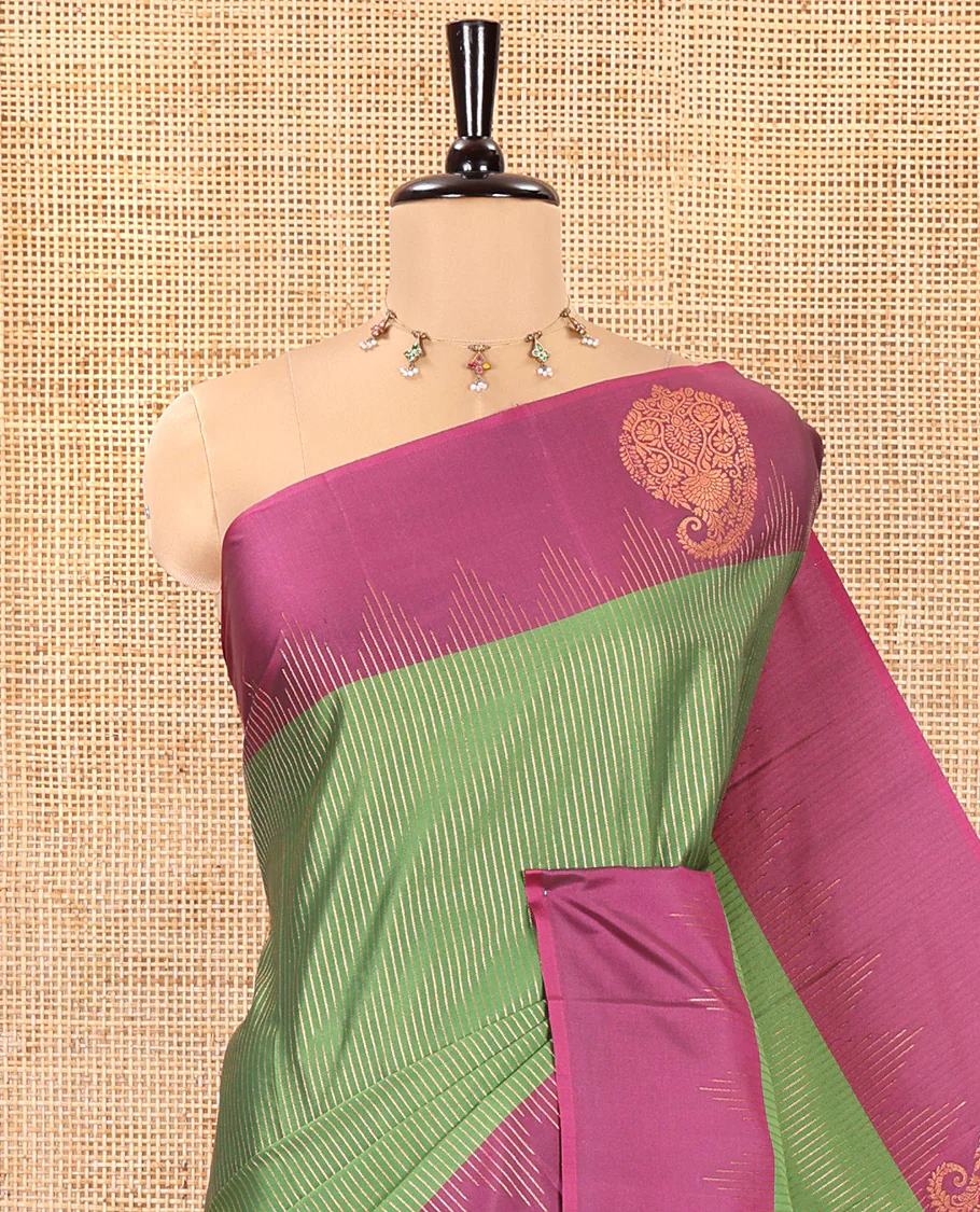 Forest Green Kanchi Soft Silk Saree, Majestically Detailed with Vaira Oosi, and Zari Buttas All Over Its Body, Complemented by Contrast Border of Paisleys, an Intricately Designed Pallu, and Paired with a Contrast Blouse - Image 2