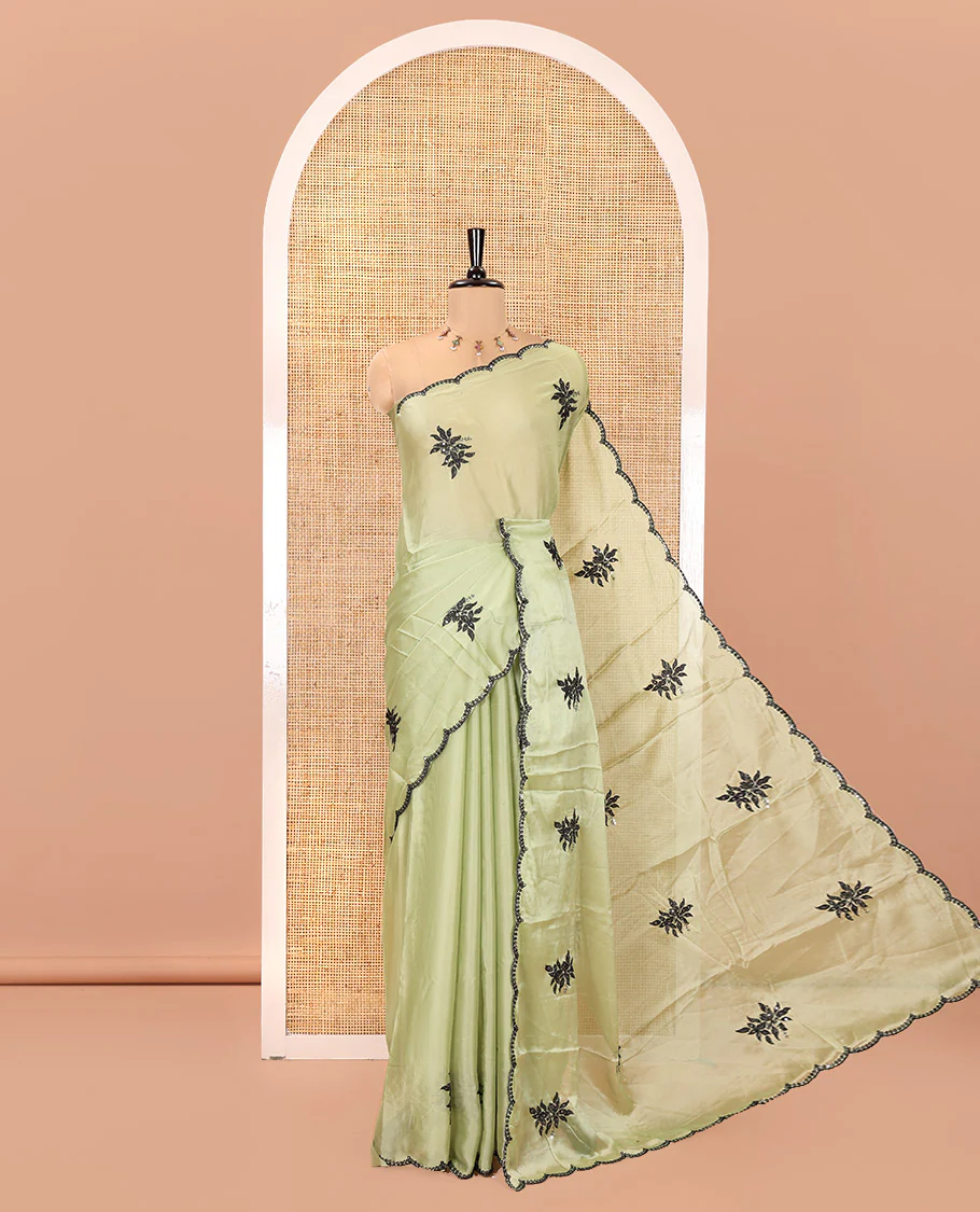 Green Rangoli Chiffon Saree, Finely Crafted with Floral Embroidery Motifs on Its Body, Scallop Embroidered Border, Embroidered Pallu, and Paired with a Contrast Blouse