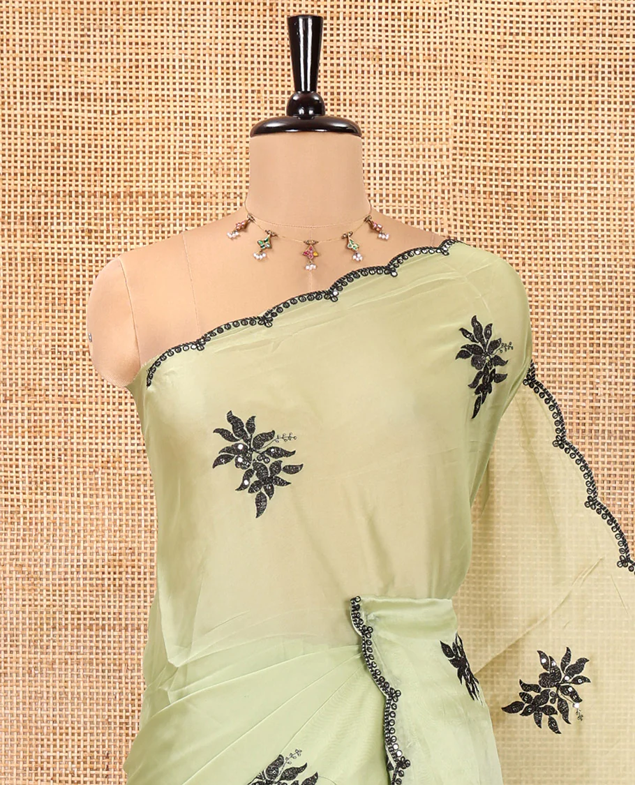 Green Rangoli Chiffon Saree, Finely Crafted with Floral Embroidery Motifs on Its Body, Scallop Embroidered Border, Embroidered Pallu, and Paired with a Contrast Blouse - Image 2