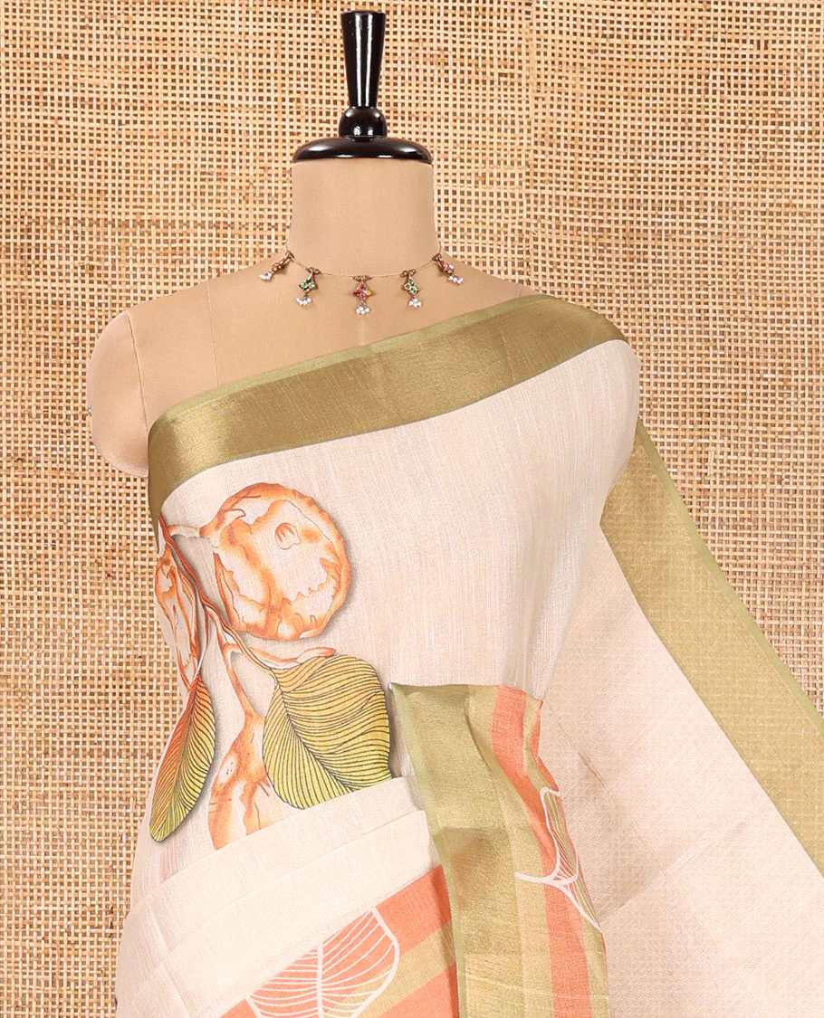 Gold and Green Tissue Saree, Enthralled with Leaf Motifs Printed on Its Body, Complemented by a Contrast Border of Leaf Motifs, Pallu of Leaf Motifs Print, and Paired with a Contrast Blouse - Image 2