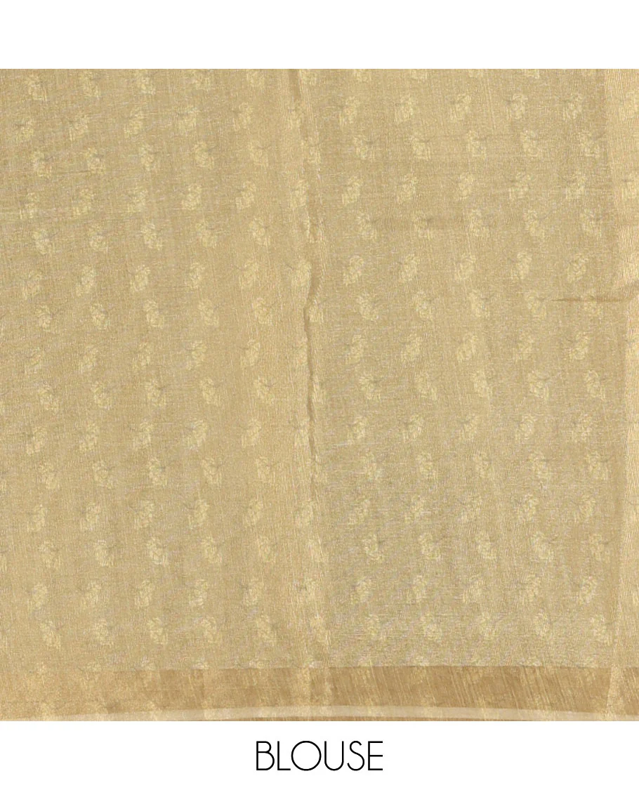 Gold and Green Tissue Saree, Enthralled with Leaf Motifs Printed on Its Body, Complemented by a Contrast Border of Leaf Motifs, Pallu of Leaf Motifs Print, and Paired with a Contrast Blouse - Image 4