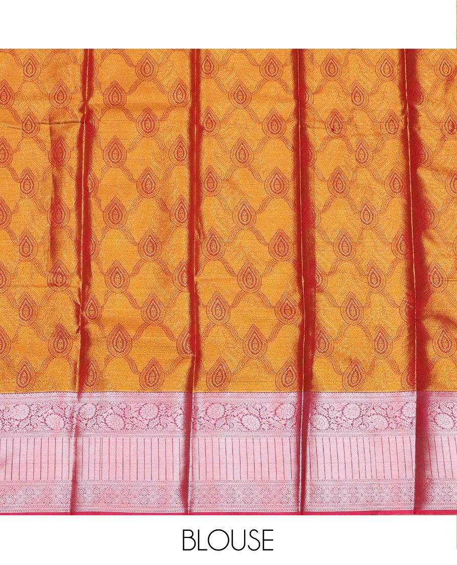 Gold Art Silk Pavadai Material Set Decorated with Jacquard Design on Its Skirt, Complemented by a Contrast Traditional Zari Design Border, and Paired with a Contrast Blouse - Image 4