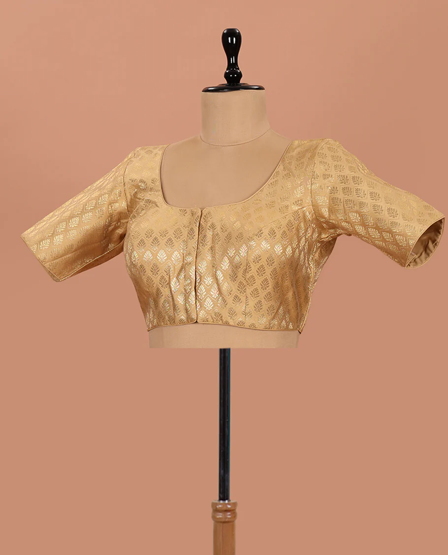 Gold buttas and chevron striped front-back round neck elbow-sleeve readymade blouse