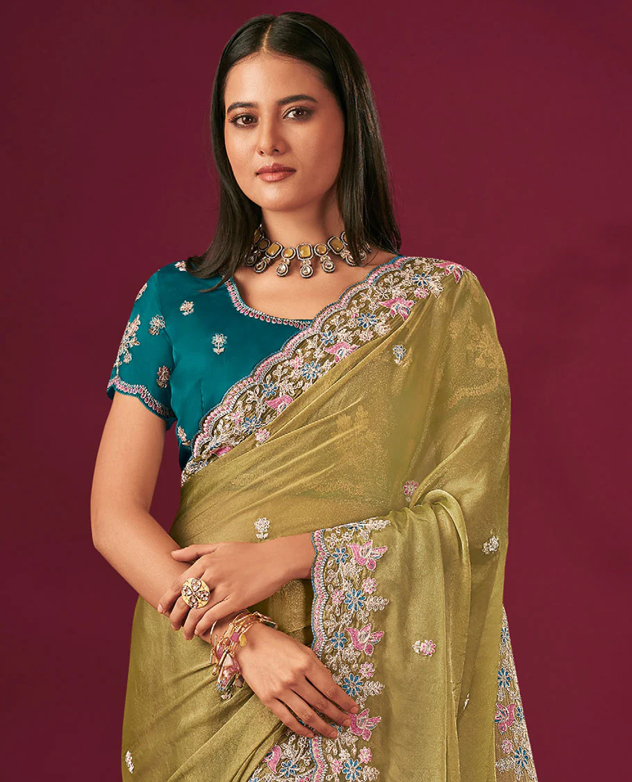 Gold Floral Motifs Embroidered Designer Saree with Floral Embroidered Scallop Borders, Embroidered Pallu, and a Contrast Embroidered Blouse - Image 2