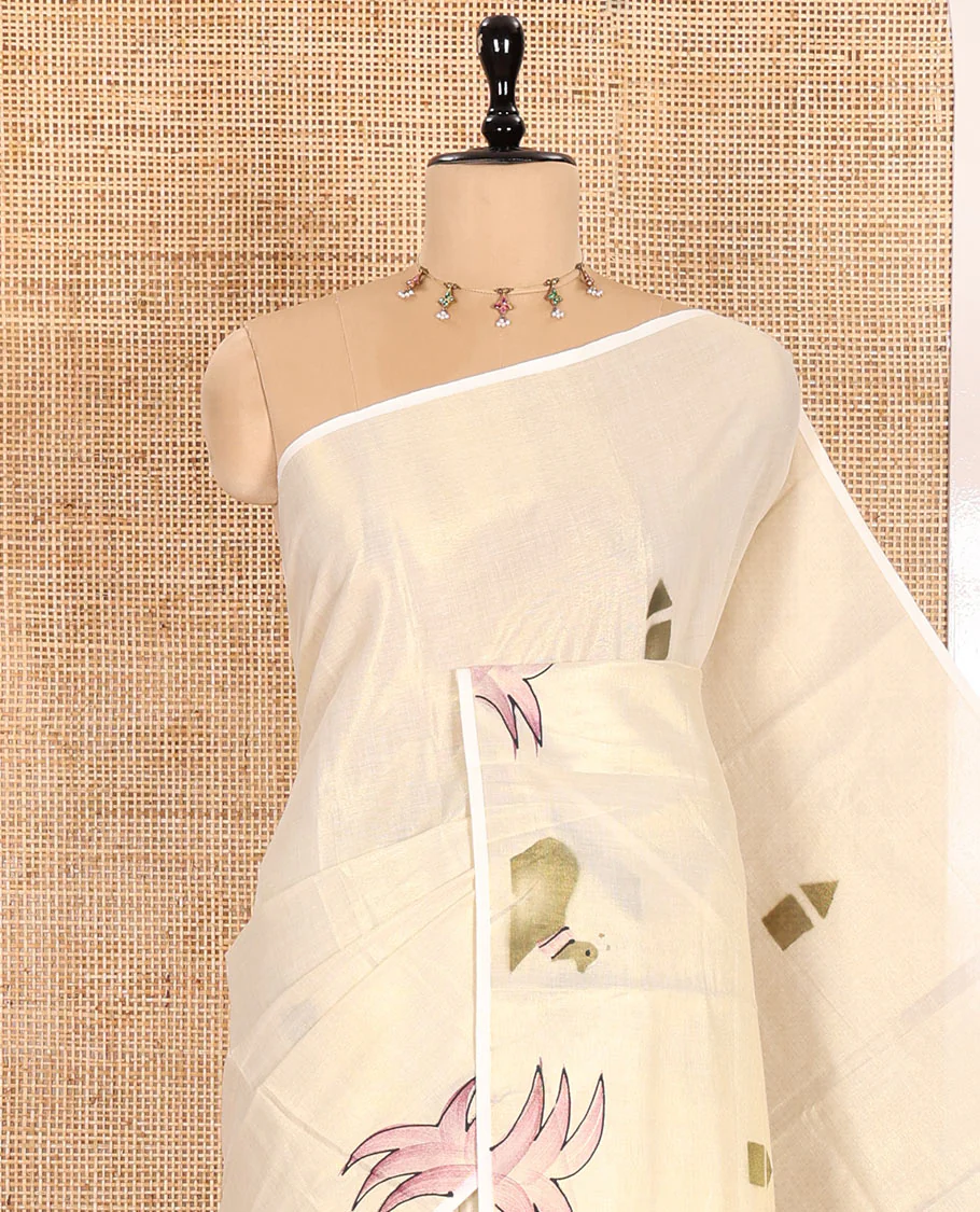 Gold-Green Kerala Cotton Saree Subtly Sparked with Handblock-Printed Flora-Fauna-Architecture Motifs, Featuring a Self Pallu with Matching Flora-Fauna-Architecture Handblock Prints, Paired with a Matching Plain Blouse. - Image 2
