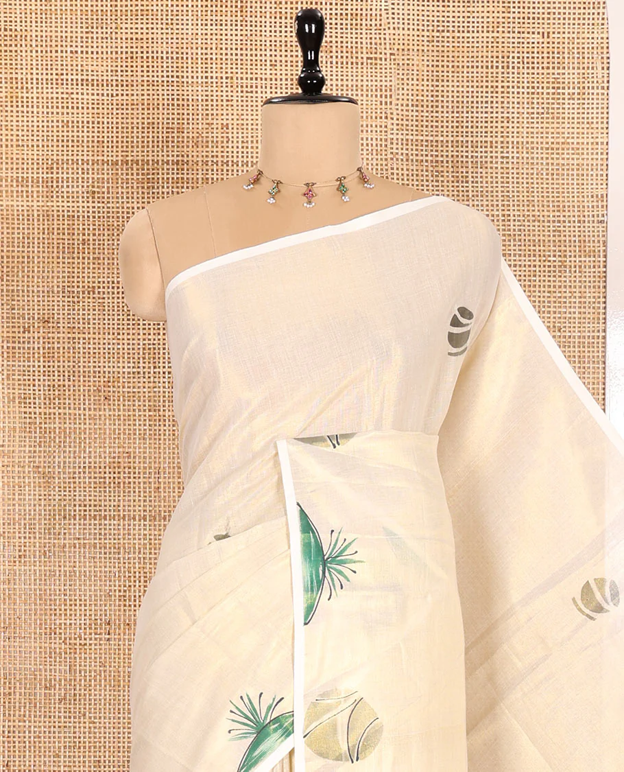 Gold-Green Kerala Cotton Saree Subtly Sparked with Handblock-Printed Motifs, Featuring a Self Pallu with Unique Motifs Handblock Prints, and Paired with a Matching Plain Blouse - Image 2