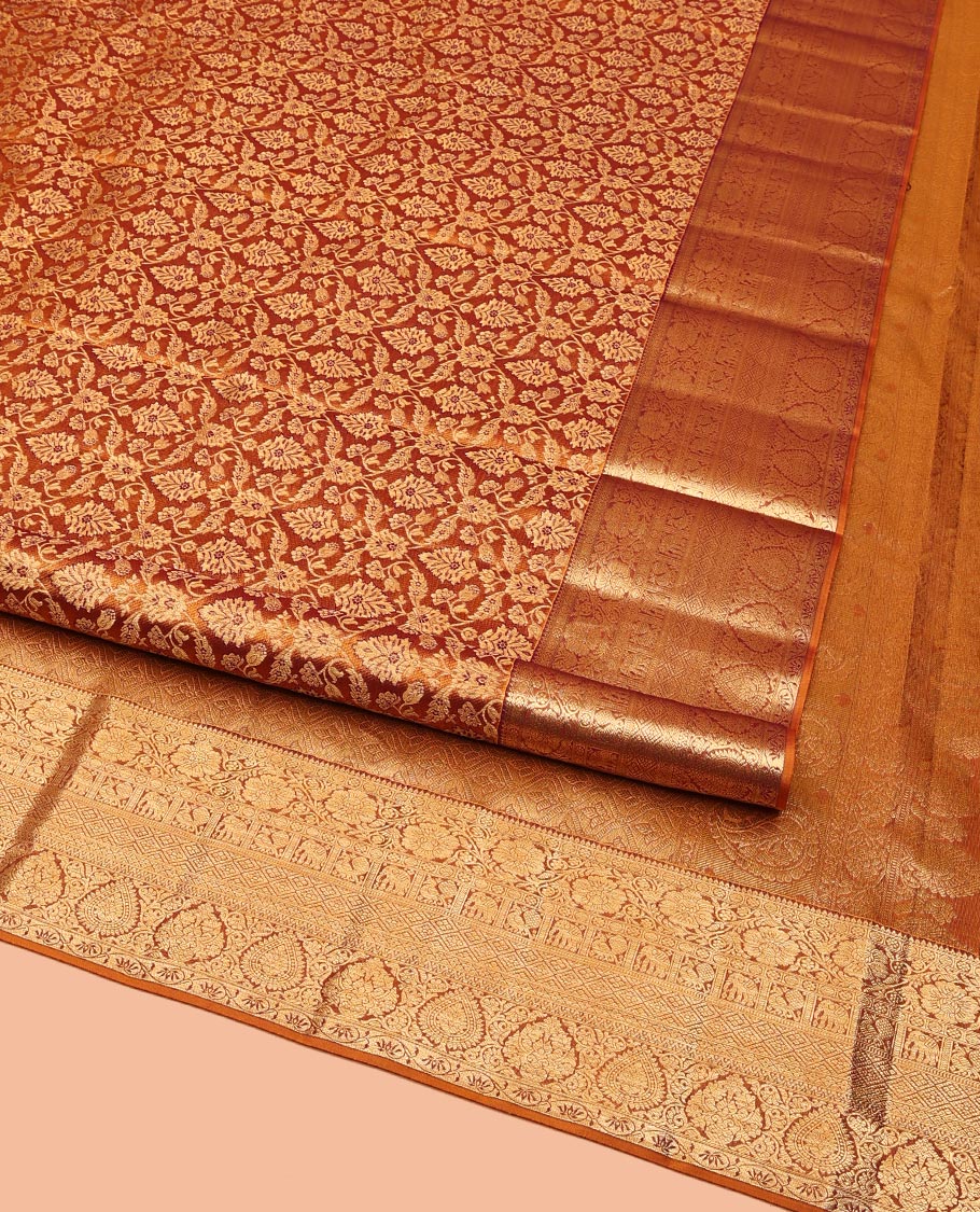 Orange Kanchipuram Wedding Silk Saree, Finely Crafted with Jacquard Designs on Its Body, Highlighted by a Zari Border of Thilakam, Kodi Visiry, Mayil, Yaanai, Jaal, and Lavangam Designs, Grand Ogee Patterned Pallu, and Paired with a Matching Blouse - Image 2