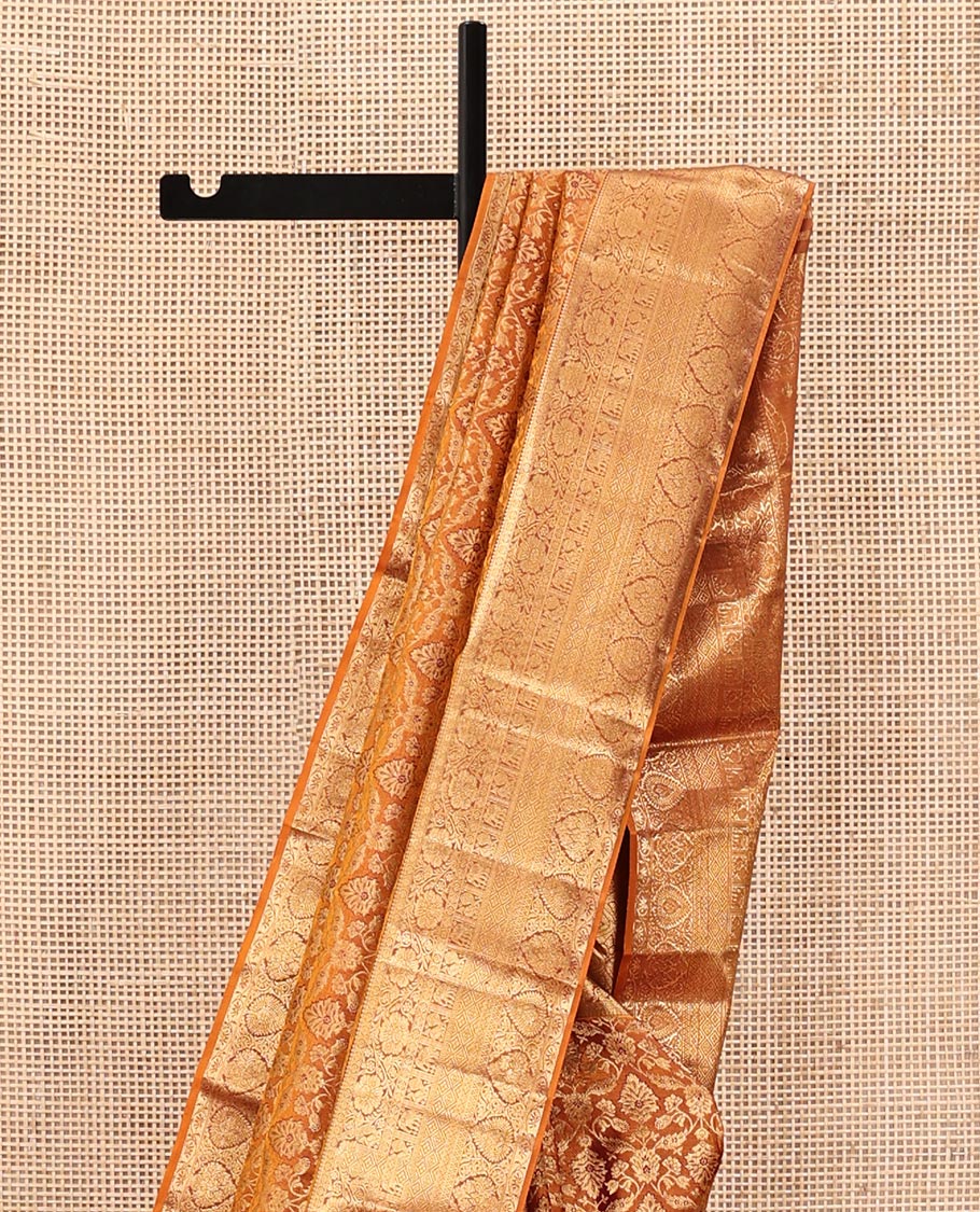 Orange Kanchipuram Wedding Silk Saree, Finely Crafted with Jacquard Designs on Its Body, Highlighted by a Zari Border of Thilakam, Kodi Visiry, Mayil, Yaanai, Jaal, and Lavangam Designs, Grand Ogee Patterned Pallu, and Paired with a Matching Blouse - Image 3