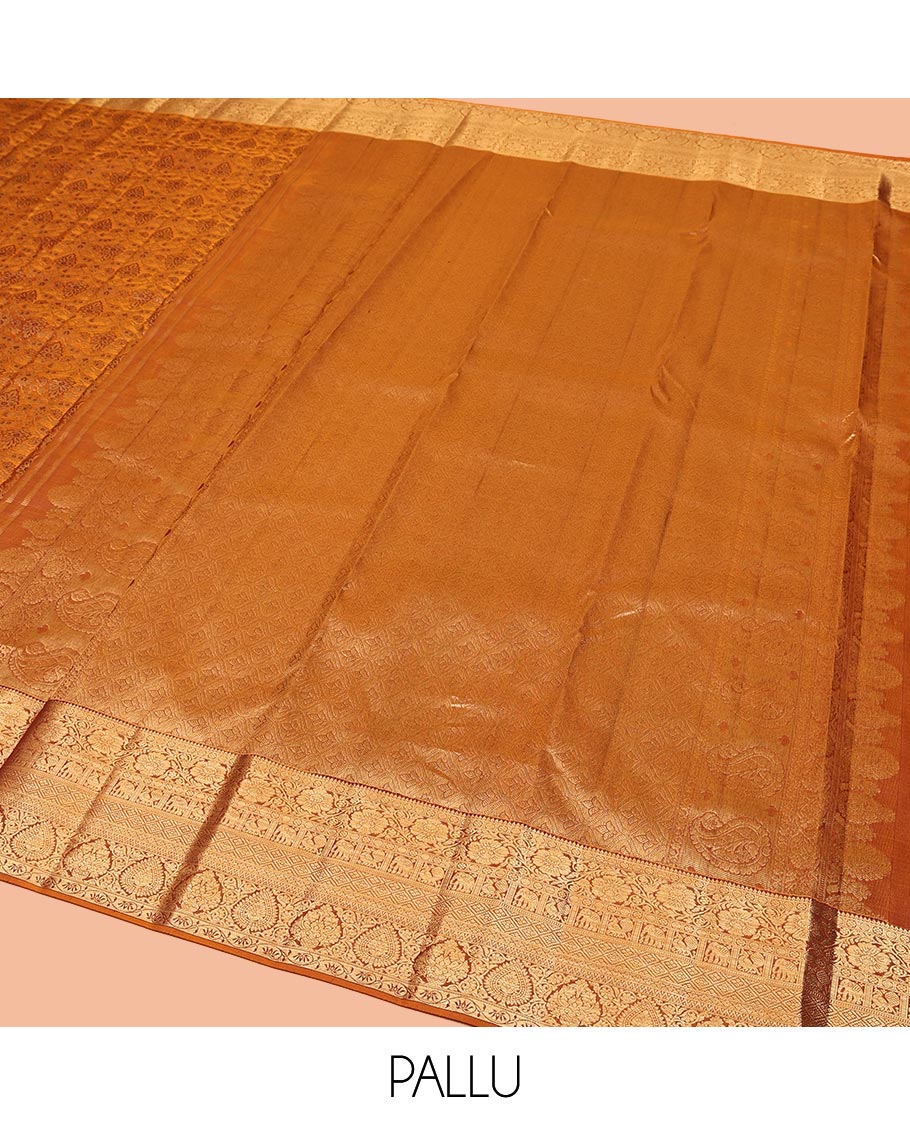 Orange Kanchipuram Wedding Silk Saree, Finely Crafted with Jacquard Designs on Its Body, Highlighted by a Zari Border of Thilakam, Kodi Visiry, Mayil, Yaanai, Jaal, and Lavangam Designs, Grand Ogee Patterned Pallu, and Paired with a Matching Blouse - Image 5
