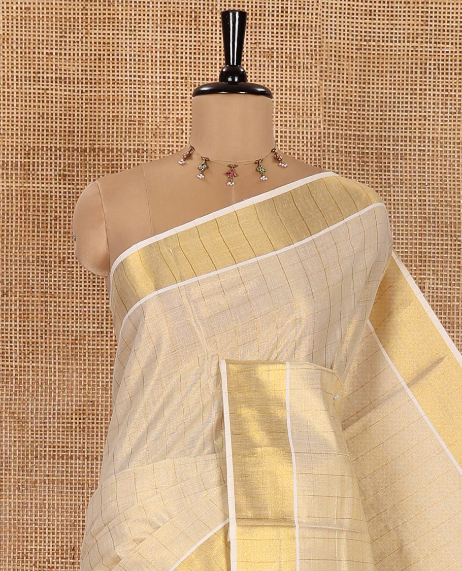Gold Kerala Cotton Saree, Gleamed Up with Medium-Sized Checks All Over Its Body, Subtle Bavanji Border, Scintillating Zari Design Pallu, and Paired with a Matching Blouse - Image 2