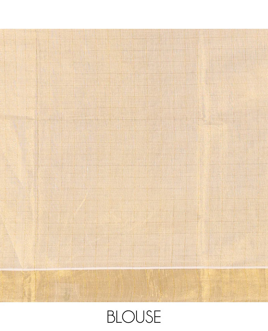 Gold Kerala Cotton Saree, Gleamed Up with Medium-Sized Checks All Over Its Body, Subtle Bavanji Border, Scintillating Zari Design Pallu, and Paired with a Matching Blouse - Image 3