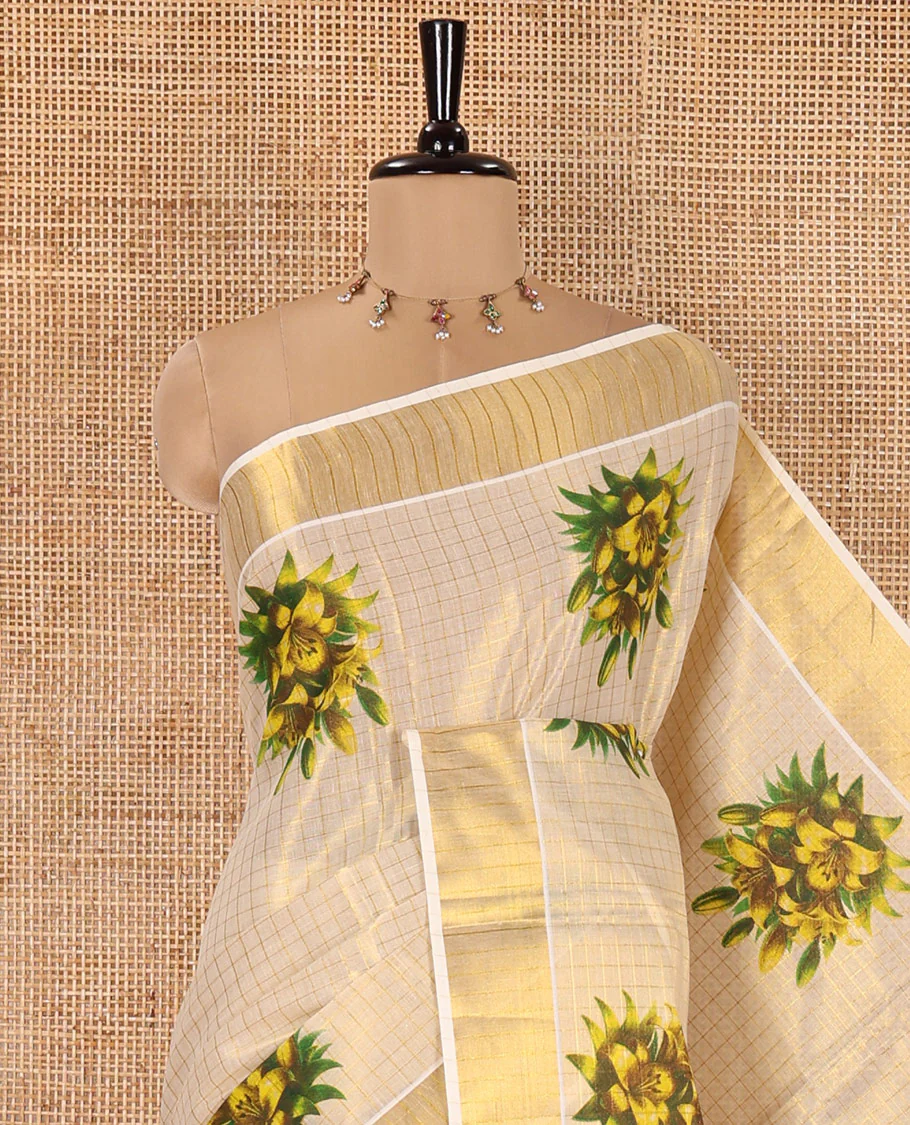 Gold Kerala Tissue Saree, Gleamed Up with Medium-Size Checked and Floral Motifs All Over Its Body, Highlighted by Zari Border, Printed Pallu, and Paired with a Matching Blouse - Image 2