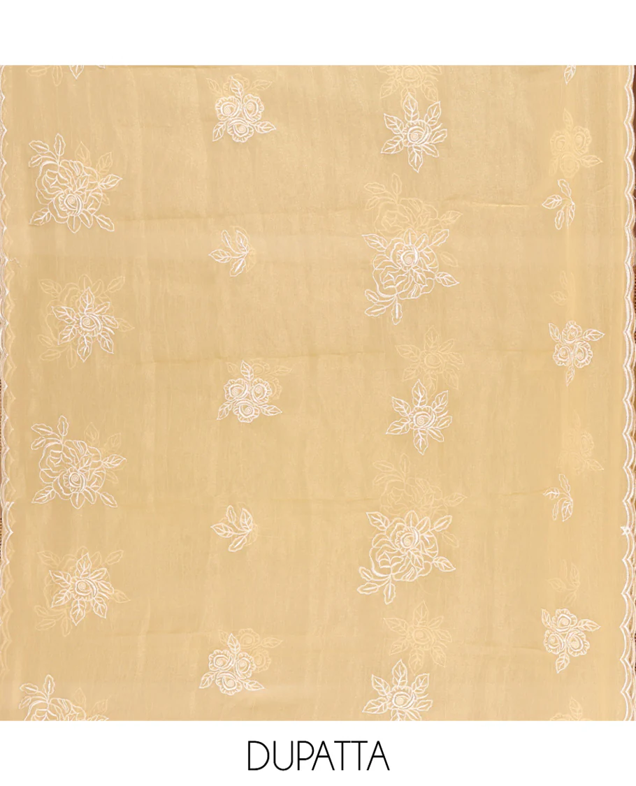 Gold Shimmer Georgette Material Chudidar Set, Gracefully Embellished with Floral Thread Embroidery on Its Top, a Plain Santoon Bottom, and Comes with a Floral Embroidered Shimmer Georgette Dupatta - Image 2
