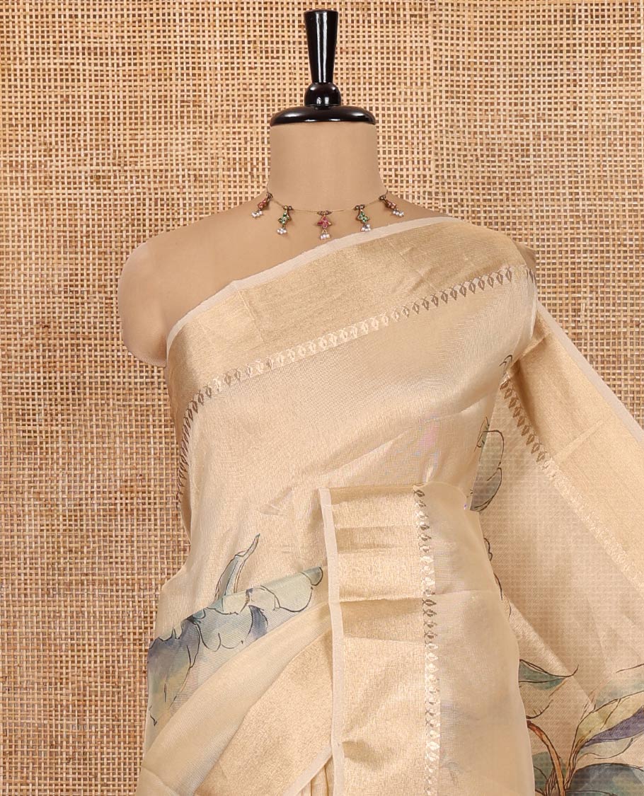 Gold Tissue Saree, Decked Up with Tropical Motifs Printed on Its Body, Subtle Zari Border, Pallu Pictures Tropical Motifs Print, and Paired with a Matching Blouse - Image 2