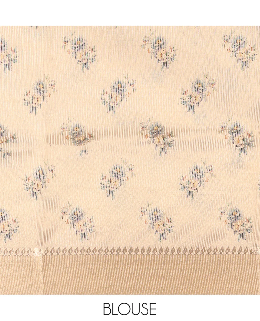 Gold Tissue Saree, Decked Up with Tropical Motifs Printed on Its Body, Subtle Zari Border, Pallu Pictures Tropical Motifs Print, and Paired with a Matching Blouse - Image 4