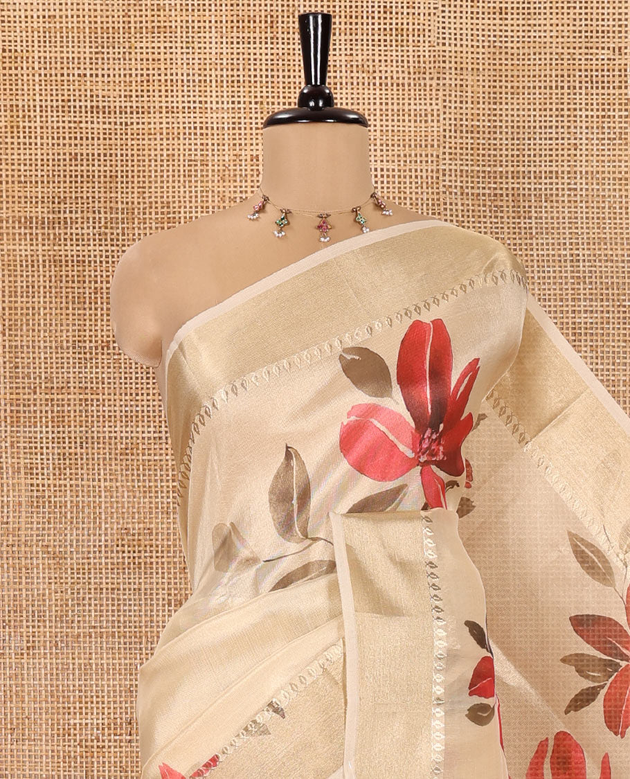 Gold Tissue Saree, Vibrantly Printed with Floral Designs All Over Its Body, Subtle Zari Border, Pallu of the Same Floral Print, and Paired with a Matching Printed Blouse - Image 2