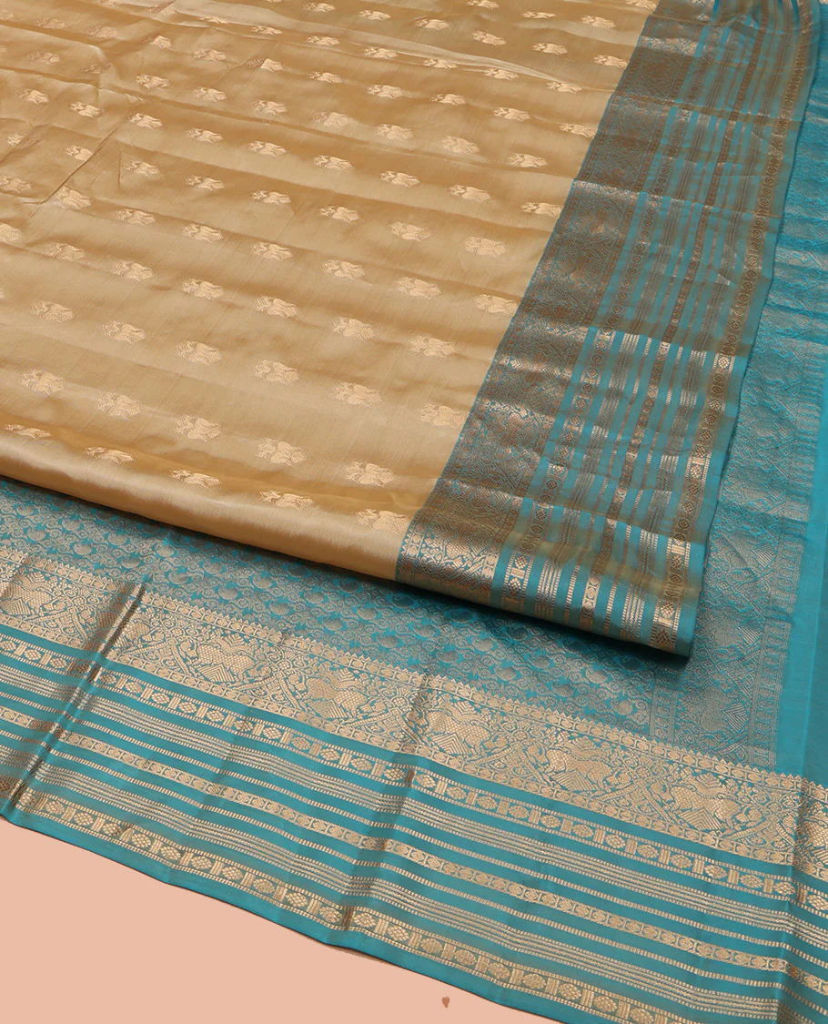 Gold Vasundhara Lite Silk Mix Saree, Bedecked with Iruthalai Pakshi Zari Buttas, Complemented by a Contrast Border of Rekku, Iruthalai Pakshi, Muthu, Laddu Kamalam, and Rudraksham, Opulently Embellished Pallu, and Paired with a Contrast Blouse - Image 2