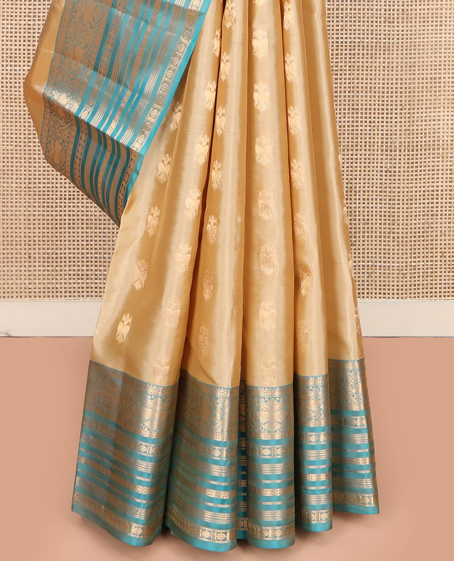Gold Vasundhara Lite Silk Mix Saree, Bedecked with Iruthalai Pakshi Zari Buttas, Complemented by a Contrast Border of Rekku, Iruthalai Pakshi, Muthu, Laddu Kamalam, and Rudraksham, Opulently Embellished Pallu, and Paired with a Contrast Blouse - Image 4