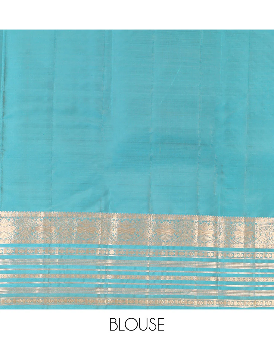 Gold Vasundhara Lite Silk Mix Saree, Bedecked with Iruthalai Pakshi Zari Buttas, Complemented by a Contrast Border of Rekku, Iruthalai Pakshi, Muthu, Laddu Kamalam, and Rudraksham, Opulently Embellished Pallu, and Paired with a Contrast Blouse - Image 6