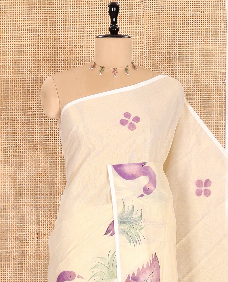 Gold-Violet Kerala Cotton Saree Subtly Sparked with Handblock-Printed Floral and Duck Motifs, Featuring a Self Pallu with Pond-Themed Handblock Prints, Paired with a Matching Plain Blouse - Image 6