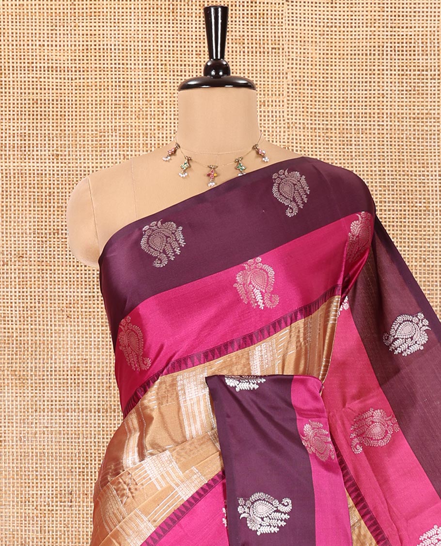 Gold Warm Silk Saree, Majestically Detailed with Zari Buttas and Zari Checks on Its Body, Complemented by a Contrast Temple Border of Unique Designs, Intricately Designed Pallu, and Paired with a Matching Blouse - Image 2