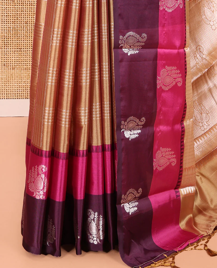 Gold Warm Silk Saree, Majestically Detailed with Zari Buttas and Zari Checks on Its Body, Complemented by a Contrast Temple Border of Unique Designs, Intricately Designed Pallu, and Paired with a Matching Blouse - Image 3