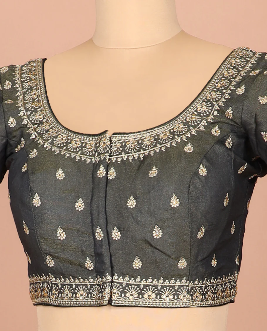Graphite grey thread embroidered front-and-back round elbow-sleeve readymade blouse - Image 2