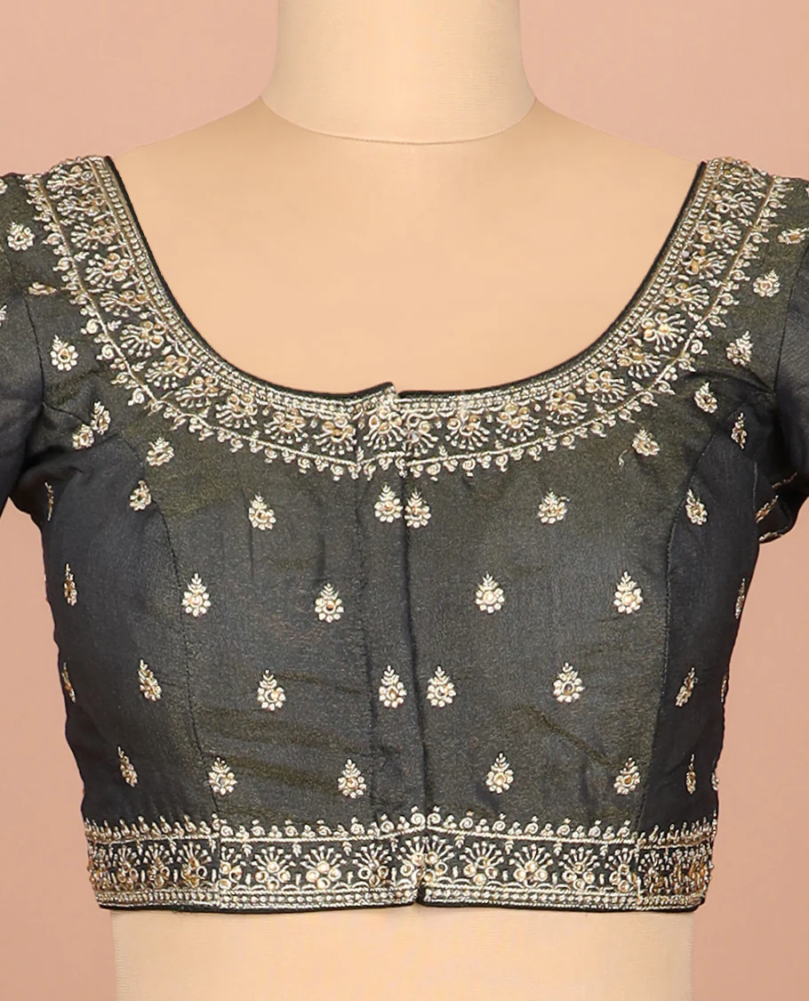 Graphite grey thread embroidered front-and-back round elbow-sleeve readymade blouse - Image 3