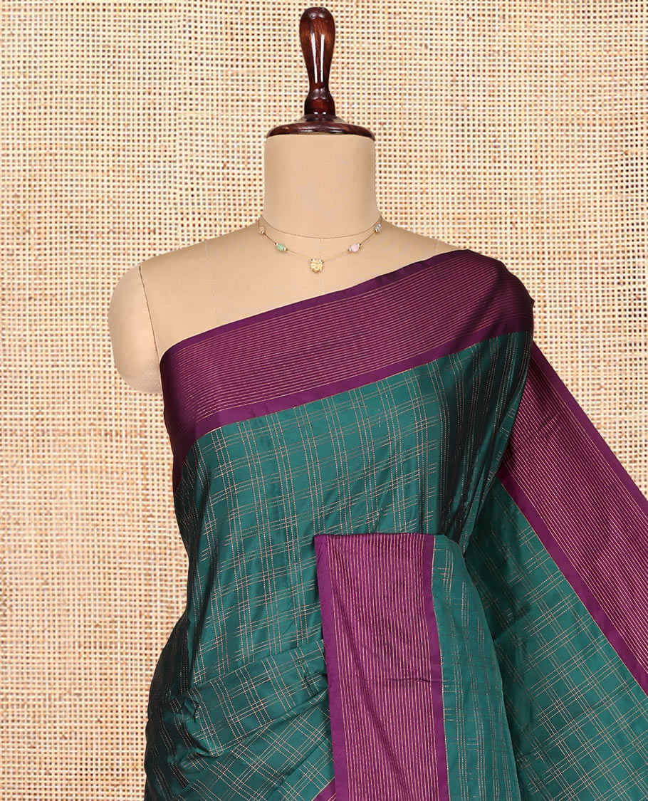 Green Aarani Gift Saree, Adorned with Checked Design on Its Body, Complemented by a Contrast Zari Striped Border, Subtle Striped Pallu, and Paired with a Matching Blouse - Image 2