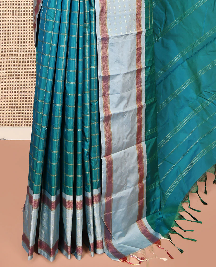 Green Aarani Gift Saree, Mesmerized with Checks on Its Body, Complemented by a Contrast Border, a Pallu of Stripes, and Paired with a Matching Blouse - Image 3