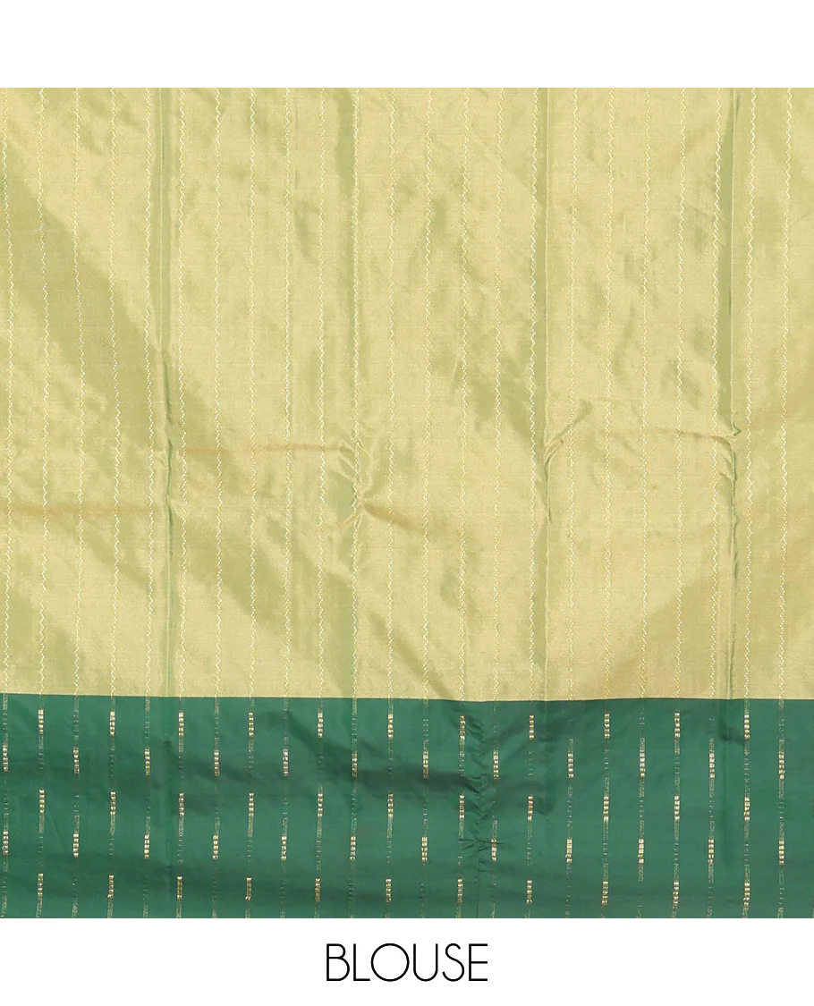Green Aarani Silk Saree, Lightly Embellished with Zig-Zag Stripes All Over Its Body, Complemented by a Contrast Zari Buttas Border, Pallu of Stripes, and Paired with a Matching Blouse - Image 5