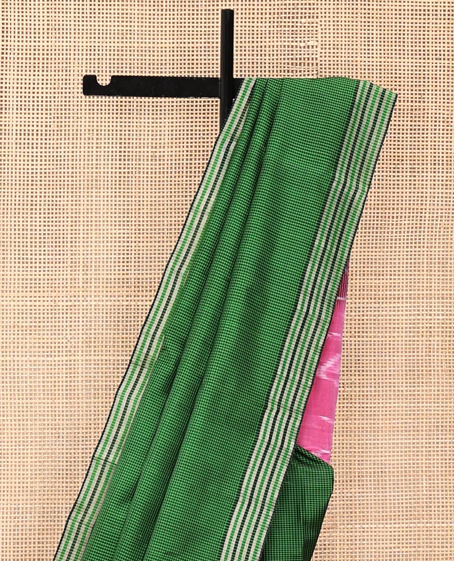 Green and Black Mayuri Soft Silk Saree, Subtly Sparkled with Kasa-Kasa Checks All Over Its Body, Highlighted by Zari Striped Border, Delicately Woven Pallu of Ikkat Texture, and Paired with a Contrast Blouse - Image 2