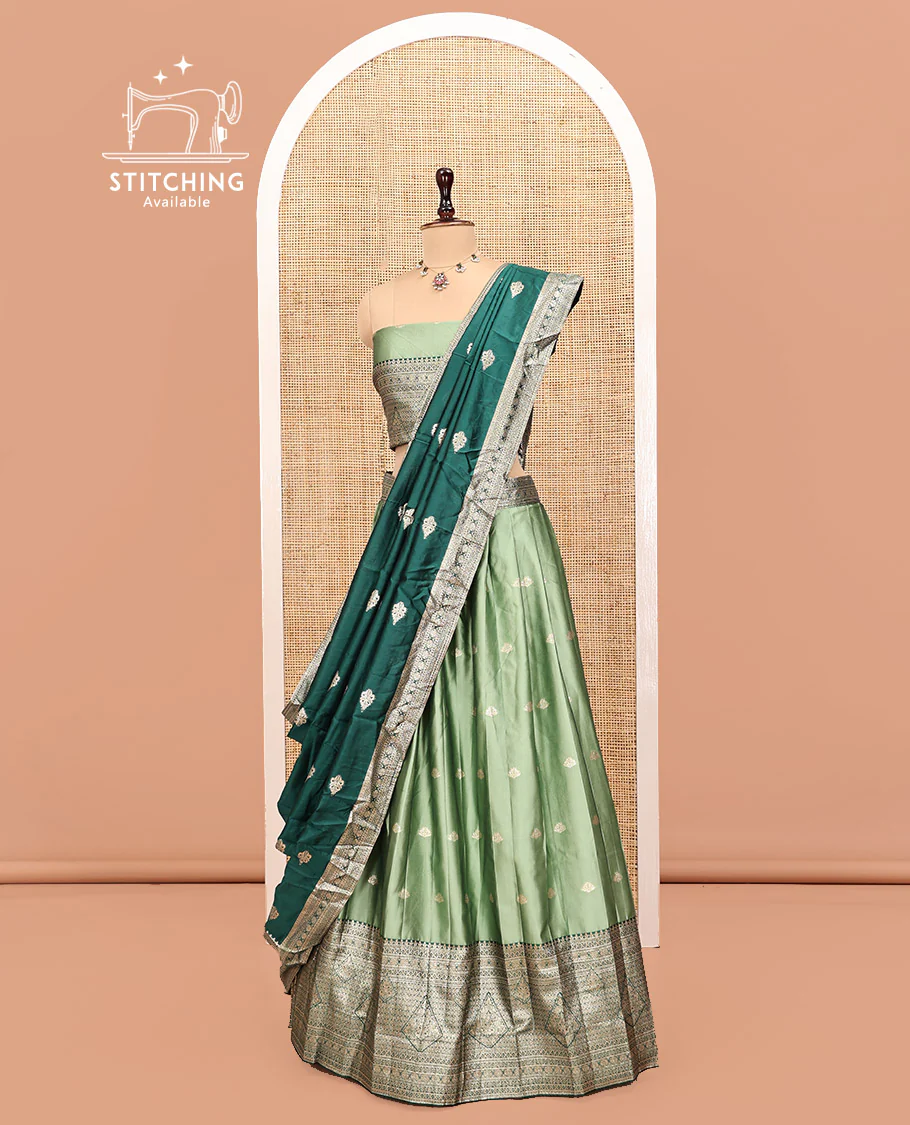 Green Art Silk Half Saree, Accentuated with Buttas Skirt, Contrast Traditional Border, Matching Blouse, and a Contrast Banaras Dhavani - Image 3