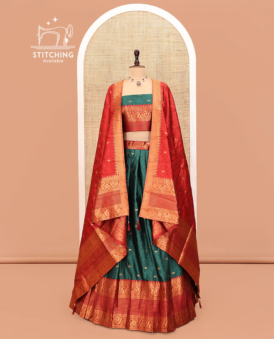 Green Art Silk Half Saree, Delicately Woven with Embossed and Buttas Skirt, Contrast Traditional Border, Matching Blouse, and a Contrast Dhavani - Image 2