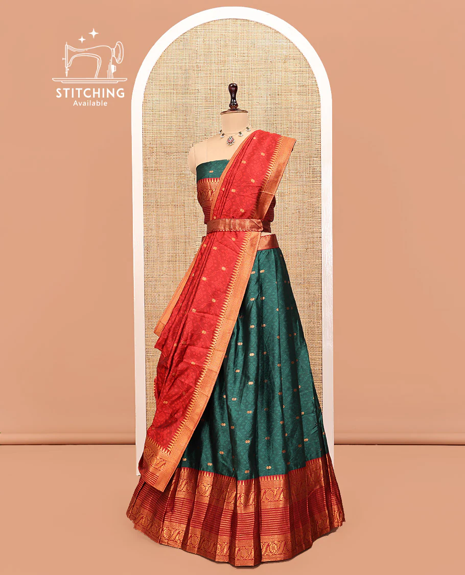 Green Art Silk Half Saree, Delicately Woven with Embossed and Buttas Skirt, Contrast Traditional Border, Matching Blouse, and a Contrast Dhavani - Image 3