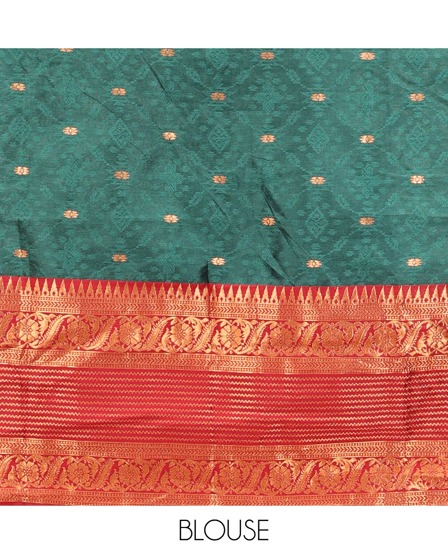 Green Art Silk Half Saree, Delicately Woven with Embossed and Buttas Skirt, Contrast Traditional Border, Matching Blouse, and a Contrast Dhavani - Image 4
