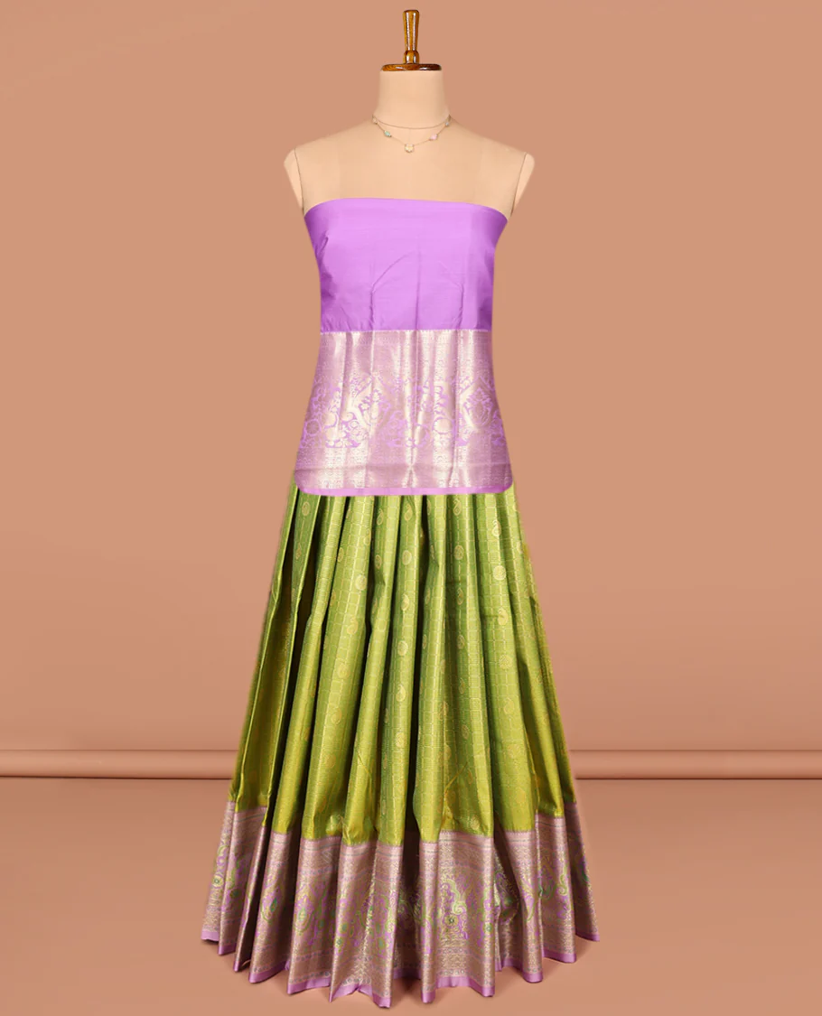 Green Art Silk Pavadai Material Set, Enthralled with Zari Buttas and Checks on Its Skirt, Complemented by a Contrast Mughal-Style Zari Designs Border, and Paired with a Contrast Blouse