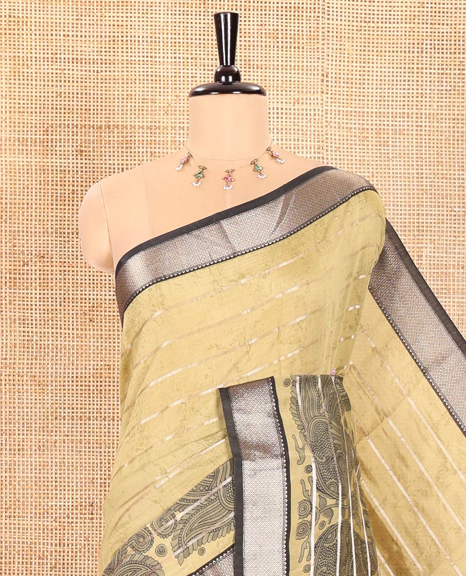 Green Assam Cotton Saree Accentulated with Horizontal Zari Stripes and Kalamkari Peacock Print, Complemented by a Contrast Traditional Zari Design Border, Gleaming Zari Woven Pallu, and a Contrast Zari Design Blouse - Image 2
